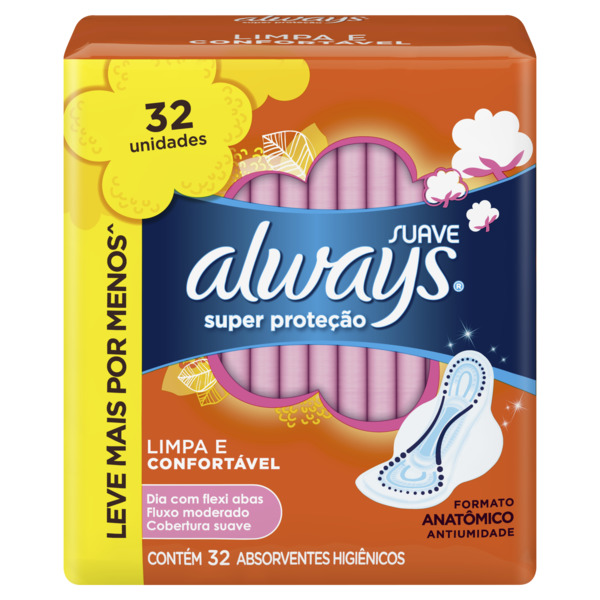 ABSORVENTE ALWAYS SUPER PROTEÇÃO SUAVE COM ABAS COM 32 UNIDADES                                     