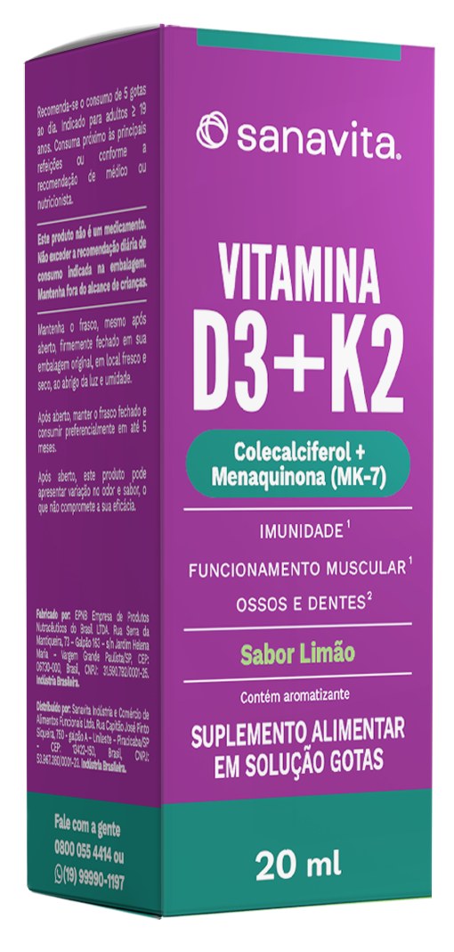 VITAMINA K2+D3 GOTAS 20M LIMÃO SEM GLÚTEN ZERO AÇÚCAR SANAVITA D3 K2 CAIXA 20ML SOLUÇÃO GOTAS       