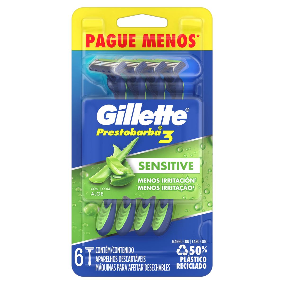 APARELHO PRESTOBARBA 3 PRESTOBARBA SENSITIVE GILLETTE COM 6 UNIDADES                                