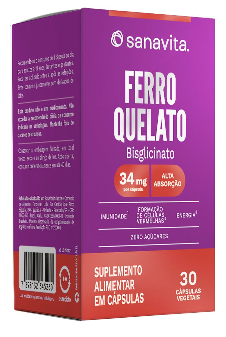 FERRO QUELATO 34MG SEM GLÚTEN ZERO LACTOSE ZERO AÇÚCAR SANAVITA CAIXA 30 CÁPSULAS VEGETAIS          