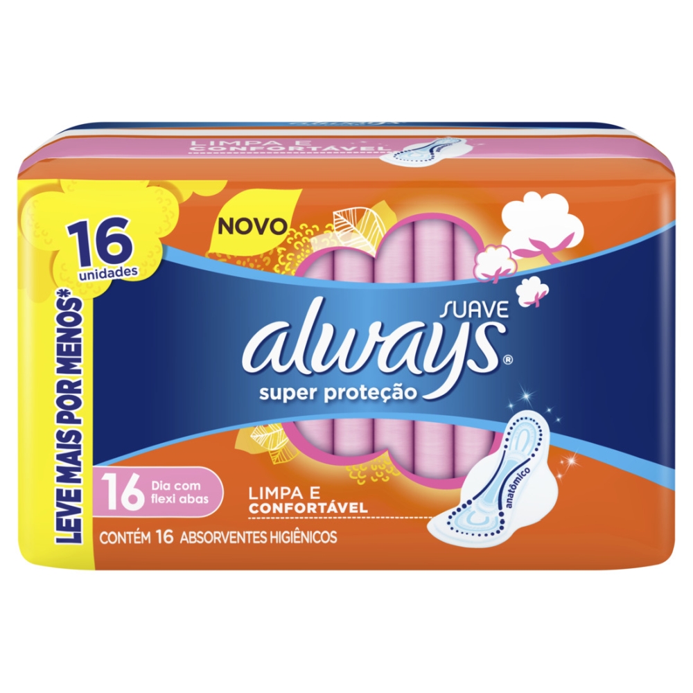 ABSORVENTE ALWAYS SUPER PROTEÇÃO SUAVE COM ABAS COM 16 UNIDADES                                      image number null