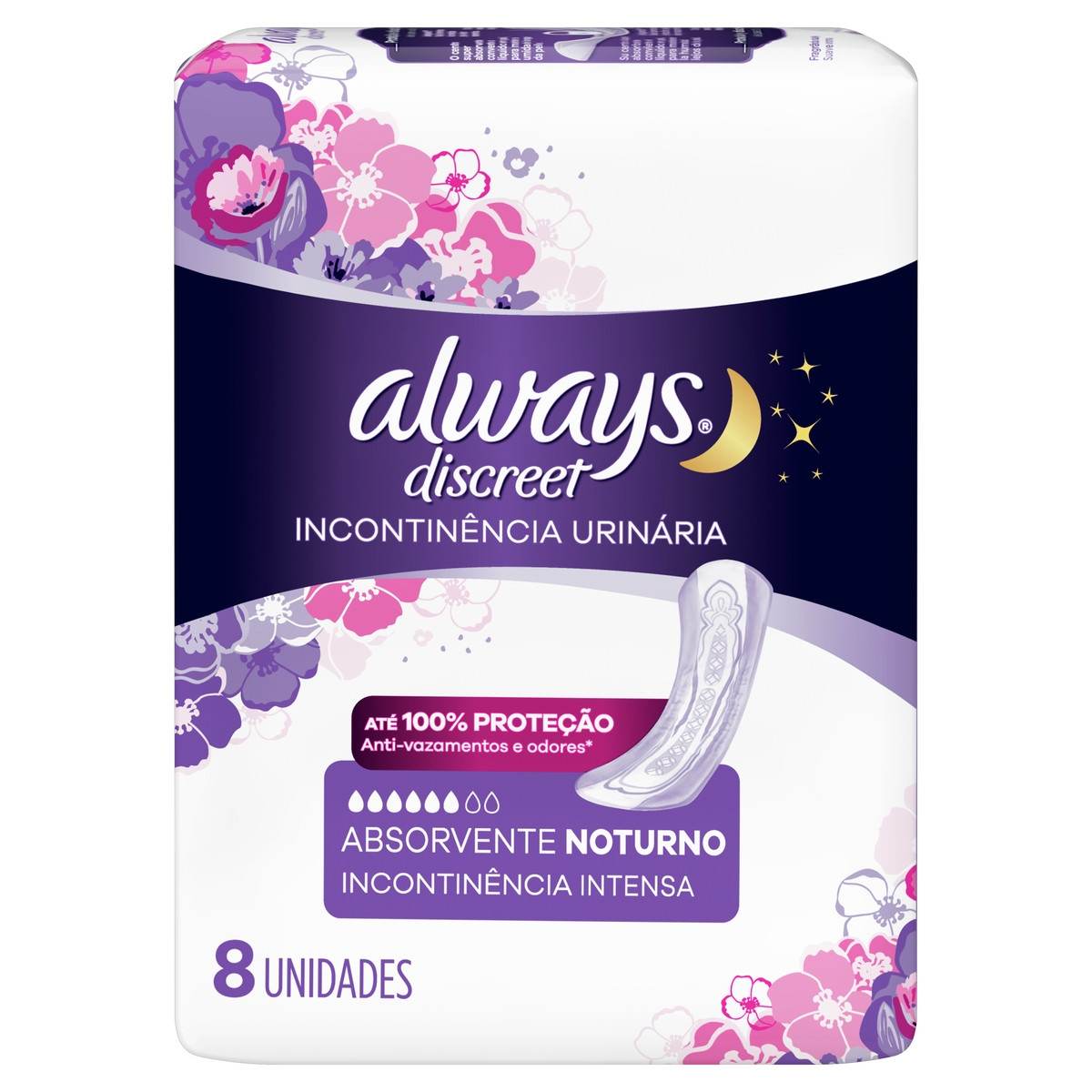 ABSORVENTE ALWAYS DISCREET NOTURNO COM 8 UNIDADES                                                   