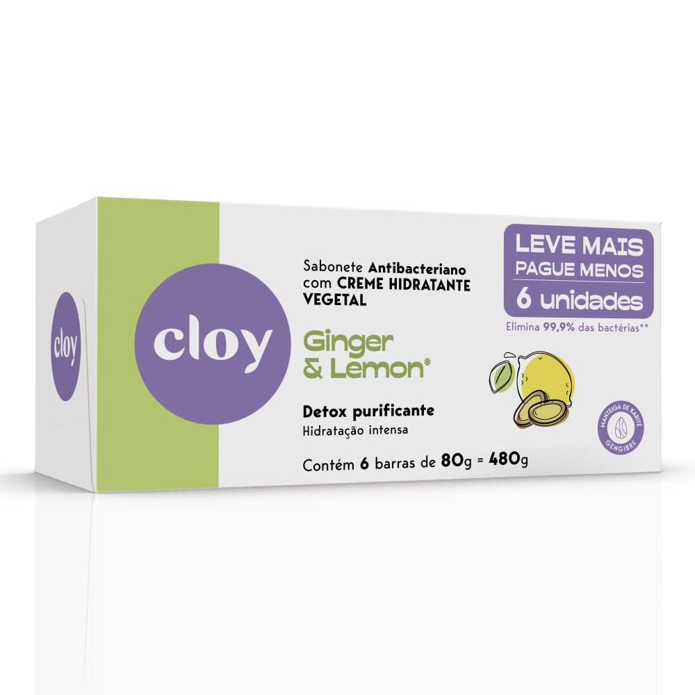 SABONETE CLOY ANTIBACTERIANO GINGER E LEMON 80G COM 6 UNIDADES LEVE MAIS PAGUE MENOS                