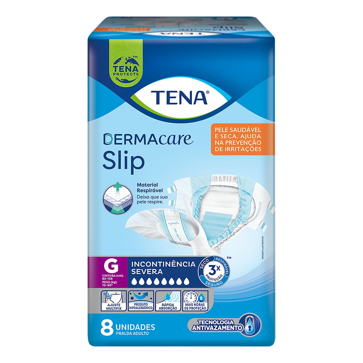 FRALDA TENA SLIP DERMACARE G COM 8 UNIDADES                                                         