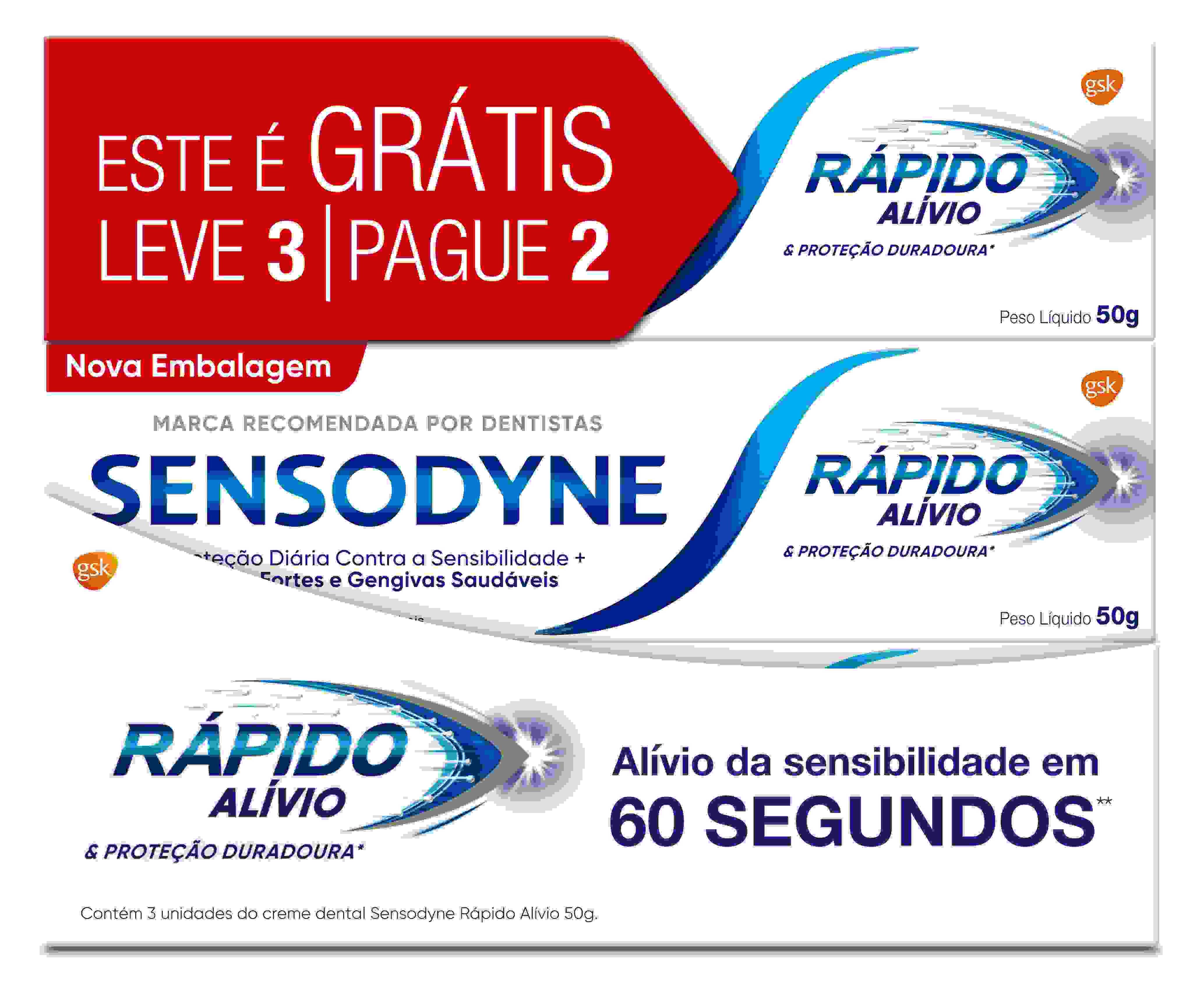 KIT CREME DENTAL SENSODYNE RÁPIDO ALÍVIO 50G - LEVE 3 PAGUE 2                                       