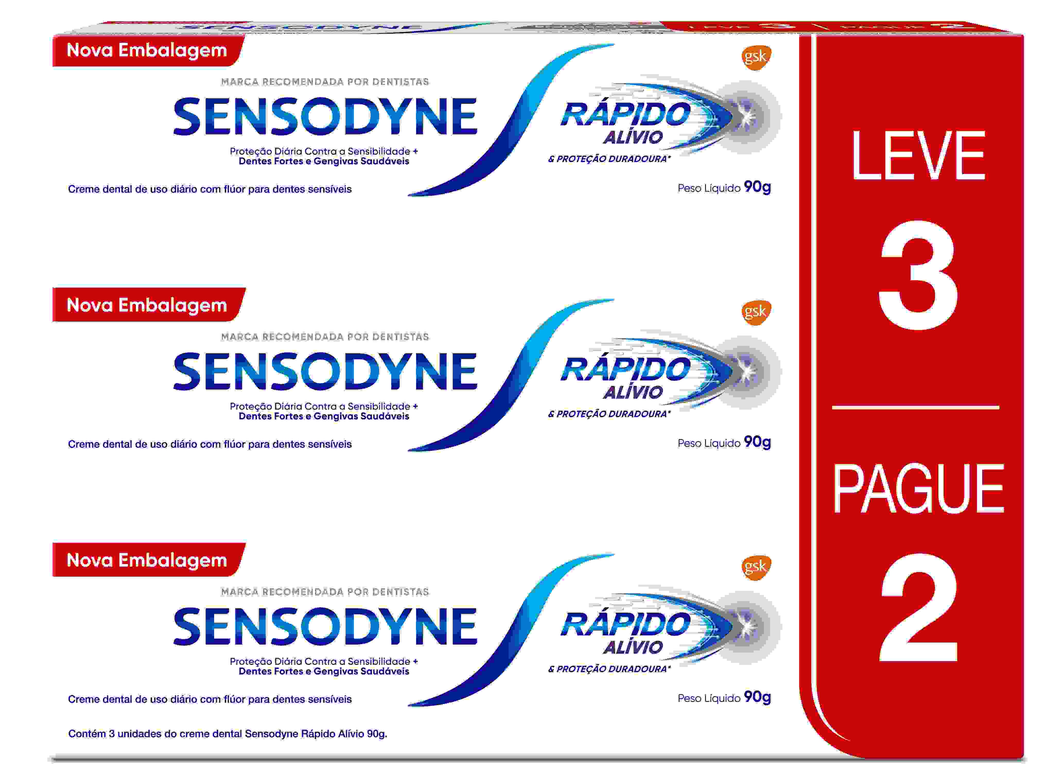 KIT CREME DENTAL SENSODYNE RÁPIDO ALÍVIO 90G - LEVE 3 PAGUE 2                                       