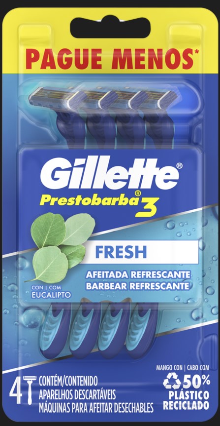 APARELHO PRESTOBARBA 3 FRESH GILLETE COM 4 UNIDADES LMPM                                            